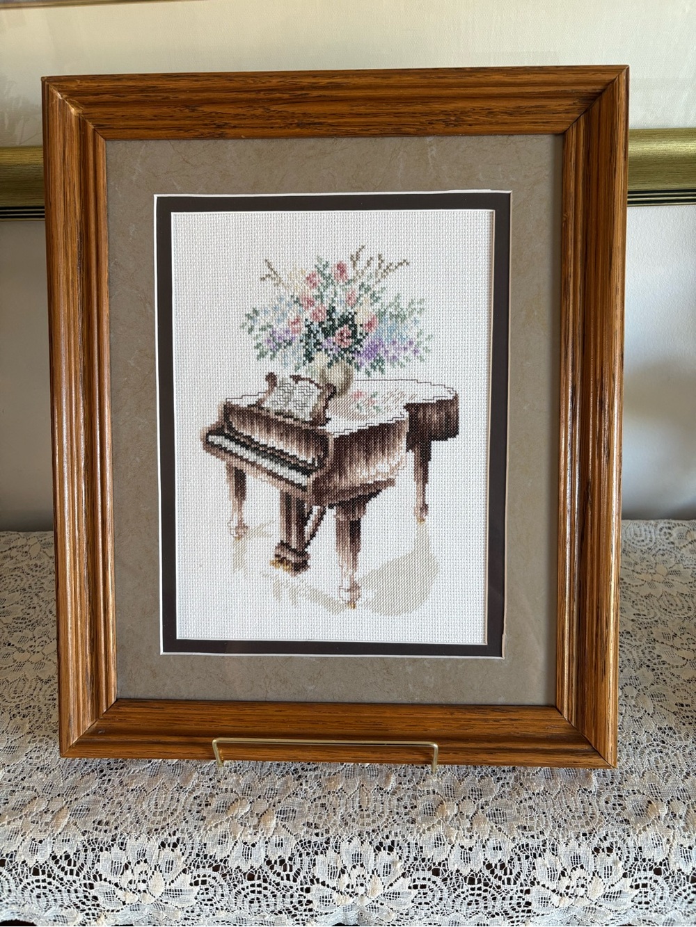 Framed Cross-Stitch Piano Art Print in Brown